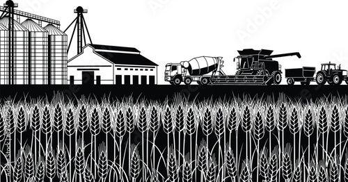 Agricultural farm landscape vector illustration, wheat field with grain silos factory tractor and combine harvester vehicles rural farming industry scene