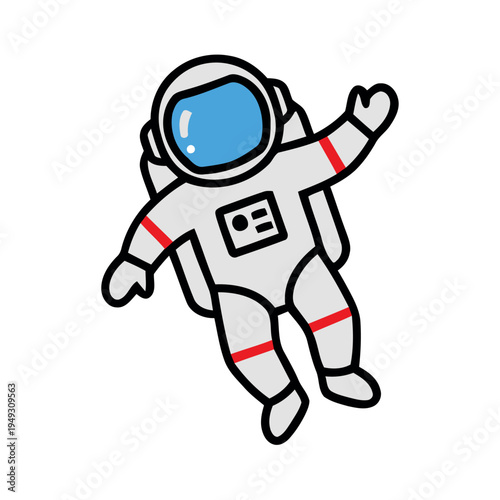 Cute cartoon astronaut in a white space suit floating and waving against a white background. Simple flat vector illustration.