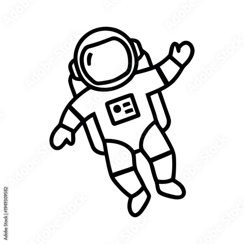 Minimalist black line art illustration of an astronaut waving and floating in space, isolated on a white background.