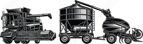Agricultural harvesting machinery vector illustration, combine harvester grain silo trailer and modern farming equipment for crop harvesting and rural agriculture industry