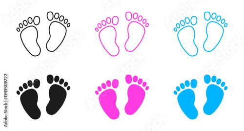 Baby cute footprint icon set in pink blue and black colors, outline and solid style
