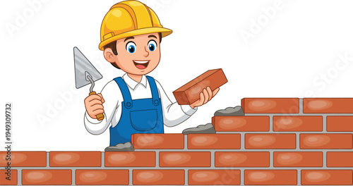 Cartoon Illustration of a Happy Construction Worker Wearing a Hard Hat Building a Brick Wall with a Trowel and Bricks