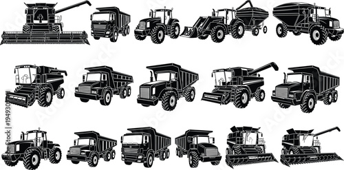 Agricultural machinery and farm trucks vector set, combine harvesters tractors and dump trucks collection, farming transport equipment illustration isolated