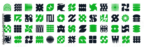 Brutal shapes minimal style design geometric big set. Postmodern distortion geometric forms. Jagged badges and Y2K starbursts frames. Contemporary vector shapes and forms, trendy retro element