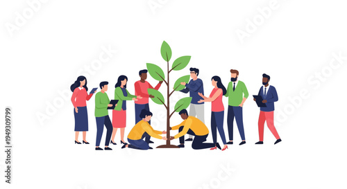 Diverse Team Planting a Tree: Collaborative Business Growth, Sustainability, and Environmental Care Concept