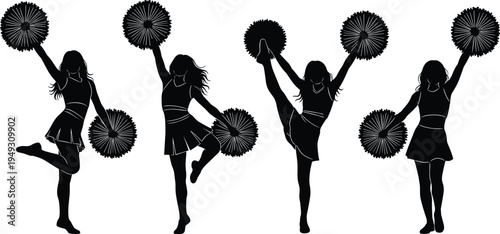 Cheerleader silhouette set, girl dancing with pom poms in various poses, energetic sport action icons for school team spirit and competition.