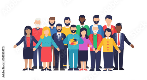 Diverse Group of People Supporting Autism Awareness, Acceptance, and Inclusion. Community and Neurodiversity in Flat Vector Illustration.