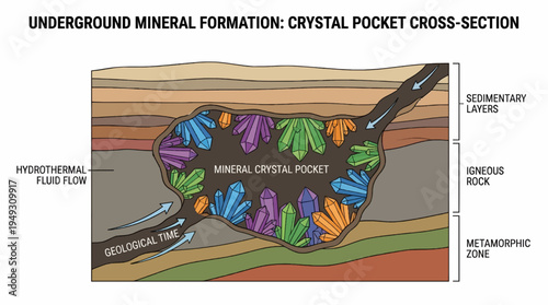 Crystal Pocket Formation in Igneous Rock Geological Cross Section