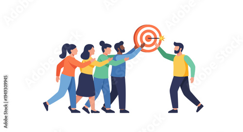 Diverse Team Collaboration Achieving Goals: United Group Working Together for Business Success & Objective Attainment