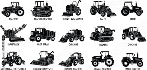Agricultural machinery icons vector set, tractors combine harvesters baler sprayer and farm vehicles collection, modern farming equipment illustration