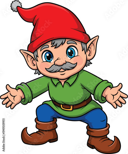 Cartoon Illustration of a Happy Smiling Gnome Mascot Wearing a Red Hat and Green Shirt Standing with Arms Wide Open