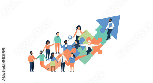 Collaborative Success: Diverse Team Building a Puzzle Arrow for Business Growth and Progress