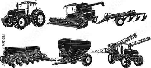 Agricultural machinery vector illustration set, tractor combine harvester plow seed drill grain trailer and crop sprayer for modern farming equipment