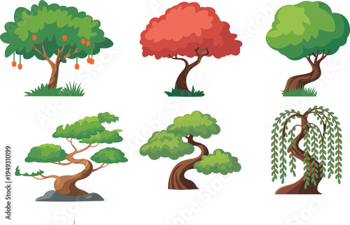 Six Different Types of Trees with Various Colors and Shapes on a White Background green autumn leaves