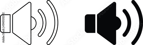 A simple line drawing of a speaker with sound waves