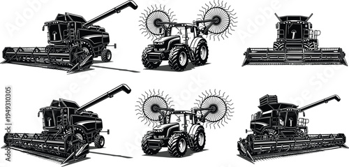 Agricultural machinery vector set, combine harvesters and tractor hay rake farming equipment collection, modern agriculture vehicles illustration