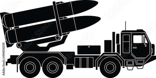 Black silhouette icon of military mobile missile launcher truck with two large rockets ready to fire defense vector illustration