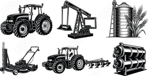 Agriculture and industry machinery silhouette set, tractor oil pump silo lawn mower plow equipment, farming industrial vector illustration collection isolated