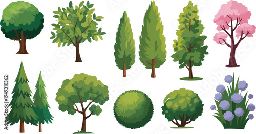 Various types of trees and plants with different shapes and colors including green coniferous and deciduous trees and purple flowering bush