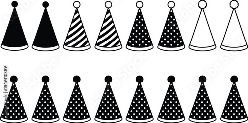 Party hat silhouette set, birthday celebration cap icons with polka dots and stripes, festive accessory collection for anniversary, holiday events.