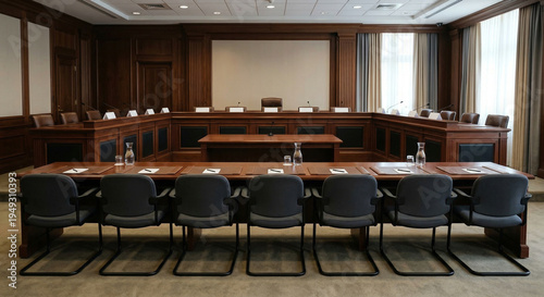 a row of empty seats facing a formal hearing table in a government meeting room