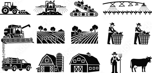 Agriculture farming icons vector set, tractor irrigation harvesting crops barn farmer and livestock symbols collection, rural farm elements illustration