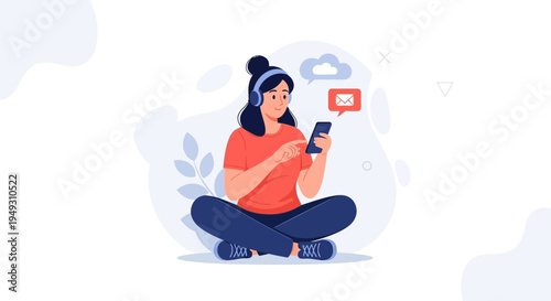 Young Woman Listening to Music and Checking Phone with Email Notification