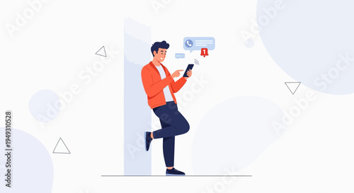 Young man using smartphone, receiving notifications, leaning against wall