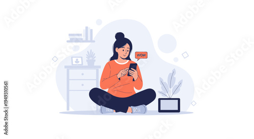 Young woman sitting cross-legged, looking at her phone with a notification bubble.