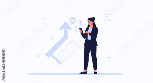 Businesswoman using smartphone with rising graph and email icon, concept of growth and communication