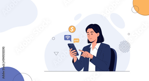 Businesswoman using smartphone with financial and communication icons