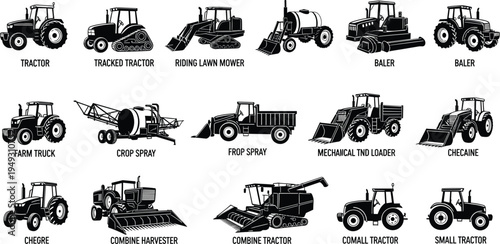 Agriculture machinery silhouette icon set, tractor combine harvester baler farm truck crop sprayer loader equipment, black farming machine vector illustration collection