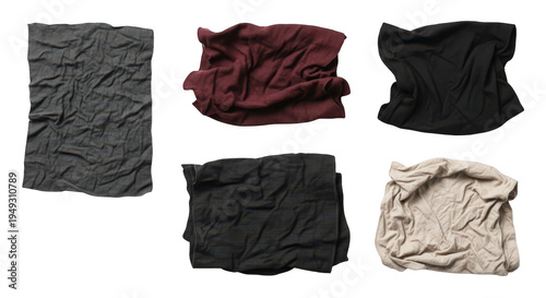 A collection of five distinct fabric swatches in various colors and textured knit material types