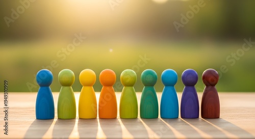 A row of colorful wooden game pieces standing on a table outdoors in a line