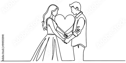 Continuous One Line Drawing of Romantic Wedding Couple with Heart