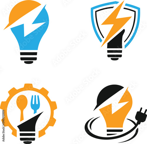 Set of four creative light bulb logos with lightning bolt, plug and gear elements. Modern colorful energy and electricity concept icons isolated on white background. Perfect for electrical service, po