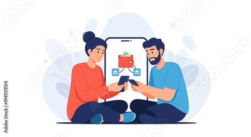 Couple using smartphones for mobile banking and online payments, digital wallet concept