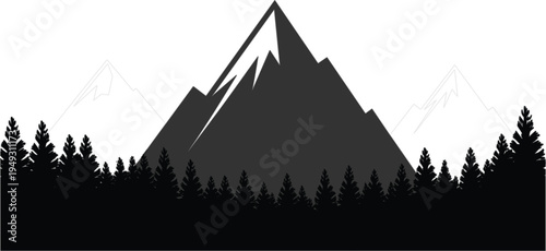 Majestic mountain peaks with evergreen pine forest silhouette vector illustration for outdoor adventure travel and nature conservation design.