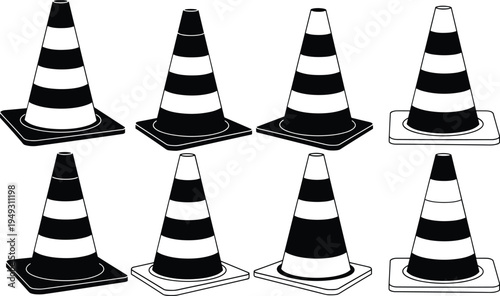Traffic cone silhouette set, striped safety pylon icons for construction site, road work warning signs, and industrial security barrier design.