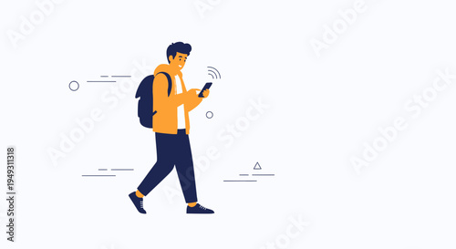 Young man walking with backpack and smartphone, receiving signal