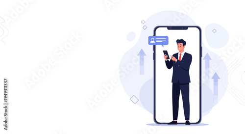 Businessman using smartphone inside giant phone screen, business growth concept