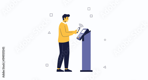 Man Using Smartphone for Contactless Payment at Terminal