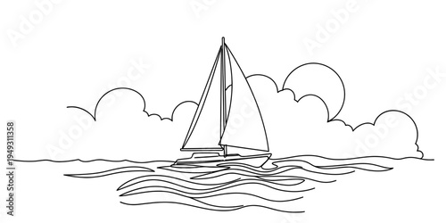 Continuous One Line Drawing of Sailing Boat on Ocean Waves