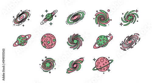 Cosmic illustrations galaxy and planet set