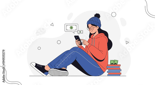 Young woman using smartphone for online banking and finance, with money icons and books