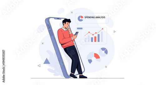 Man analyzing spending on smartphone with financial charts and graphs
