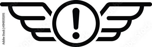Black exclamation mark within a circle with stylized wings on white background warning sign
