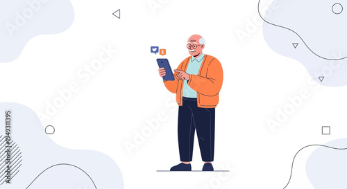 Elderly Man Using Tablet, Social Media Icons, Modern Technology for Seniors