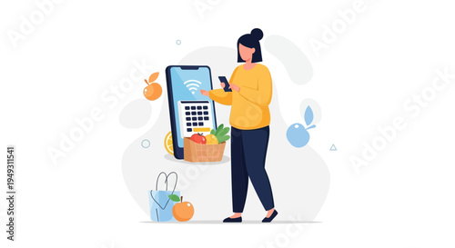 Woman using smartphone for online grocery shopping with digital cart and fresh produce