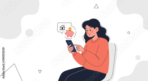 Woman Using Mobile App for Banking and Savings with Piggy Bank Icon